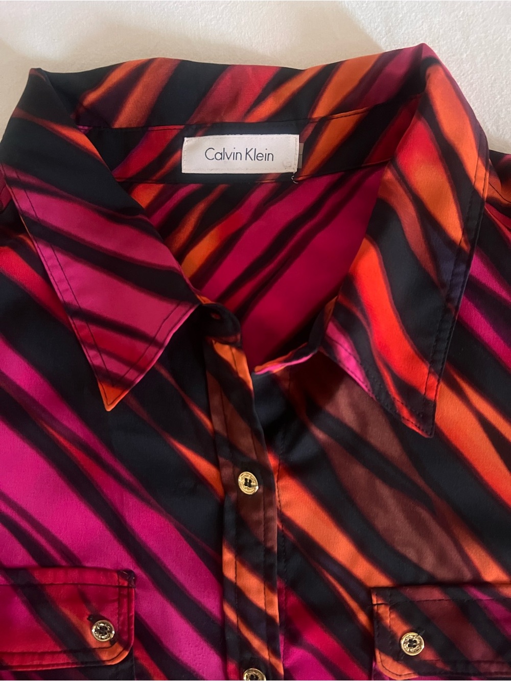 Calvin Klein Diagonal Stripe Button-Front Shirt — Fuchsia, Orange & Black - Picture 4 of 5